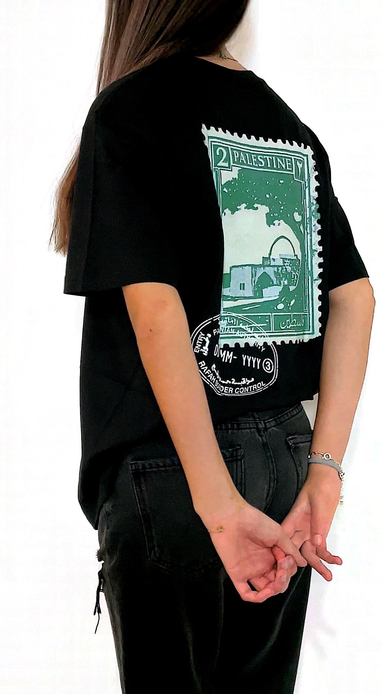 Oversized Fit Palestine Green Postage Stamp T-Shirt -Black