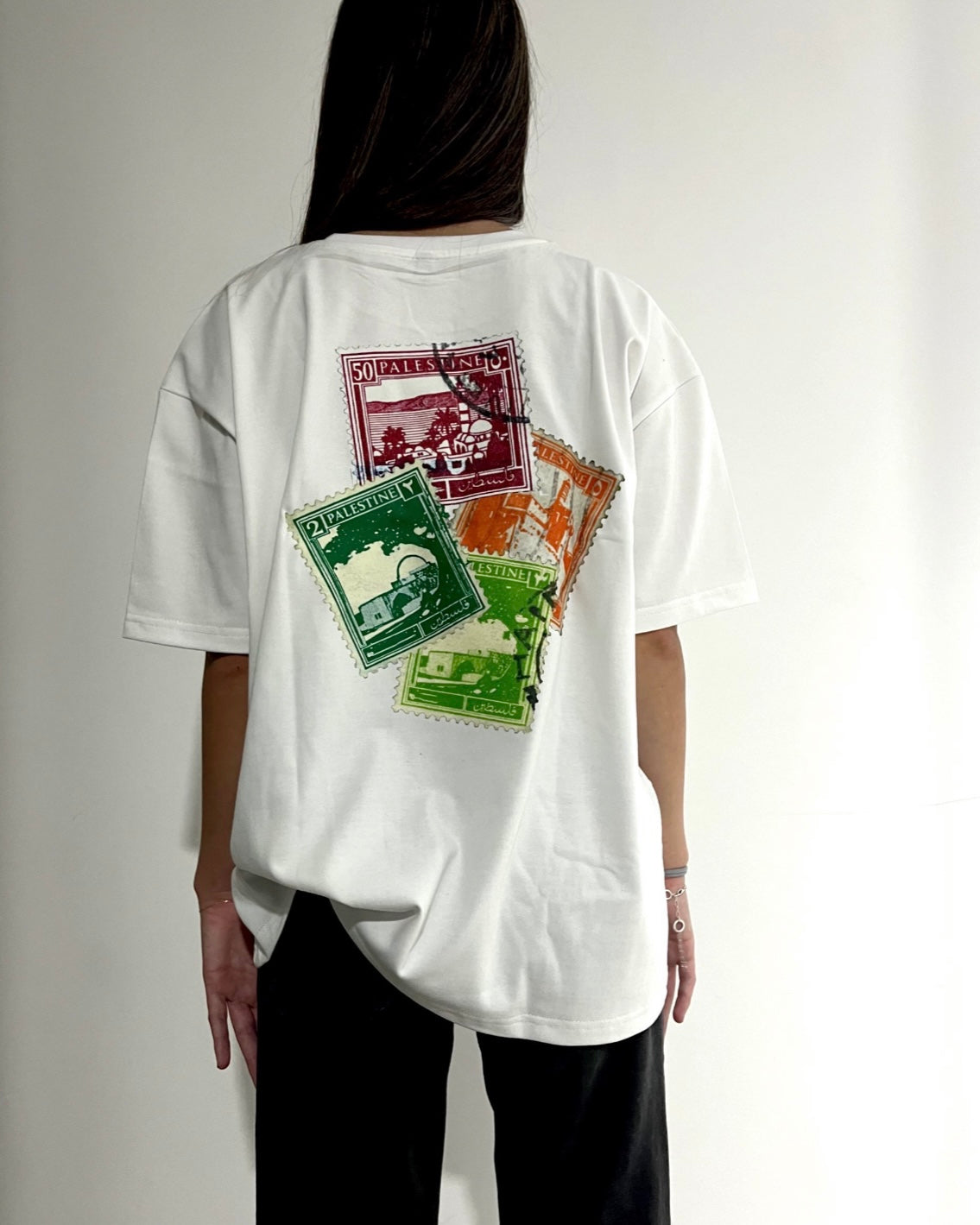 Oversized Fit Palestine Multi-Postage Stamps T-Shirt -White