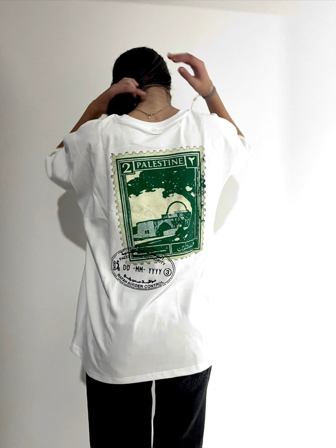 Oversized Fit Palestine Green Postage Stamp T-Shirt -White