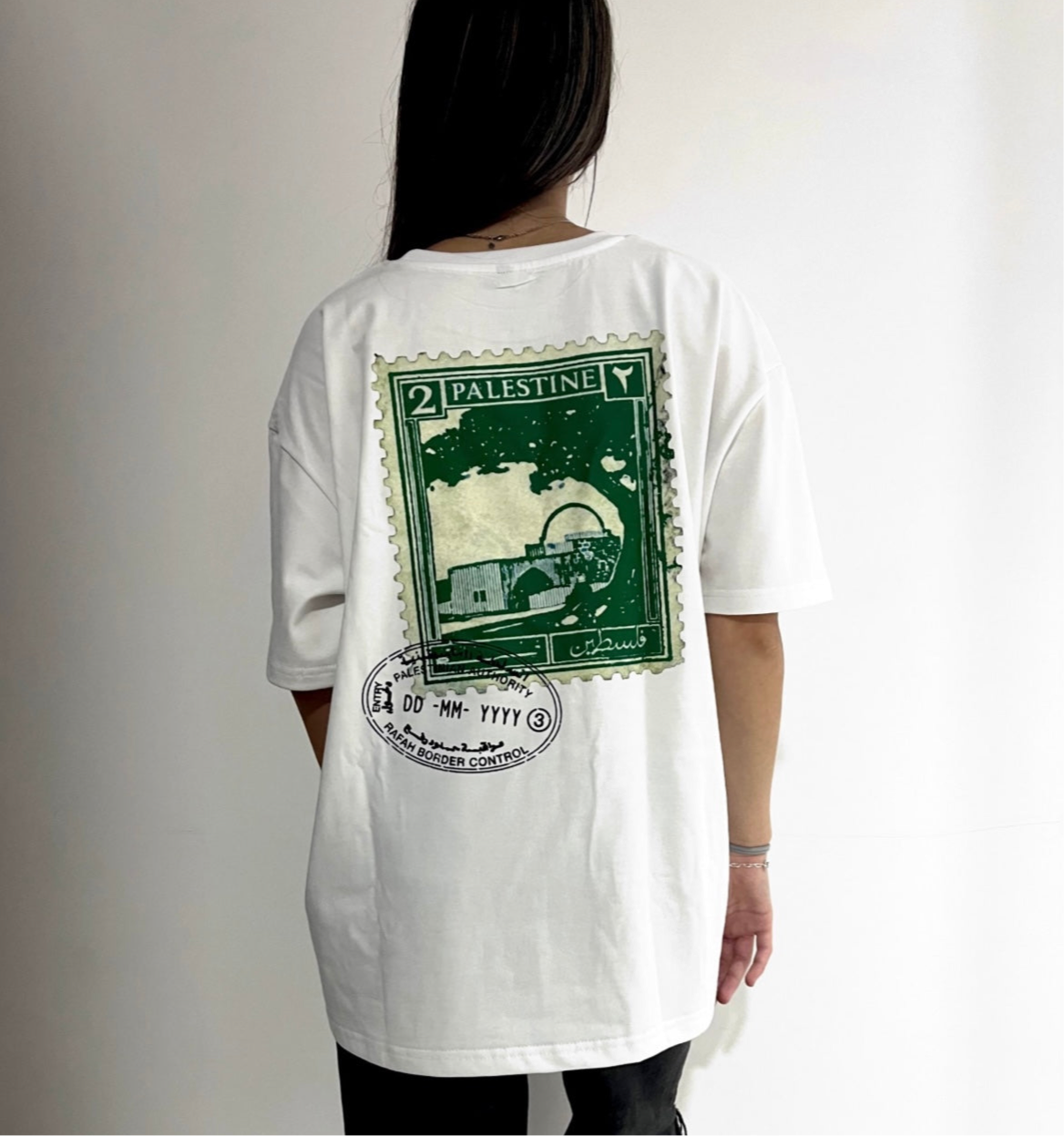 Oversized Fit Palestine Green Postage Stamp T-Shirt -White