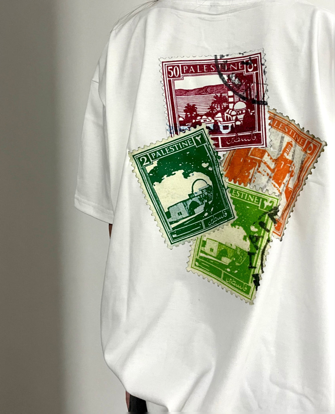 Oversized Fit Palestine Multi-Postage Stamps T-Shirt -White