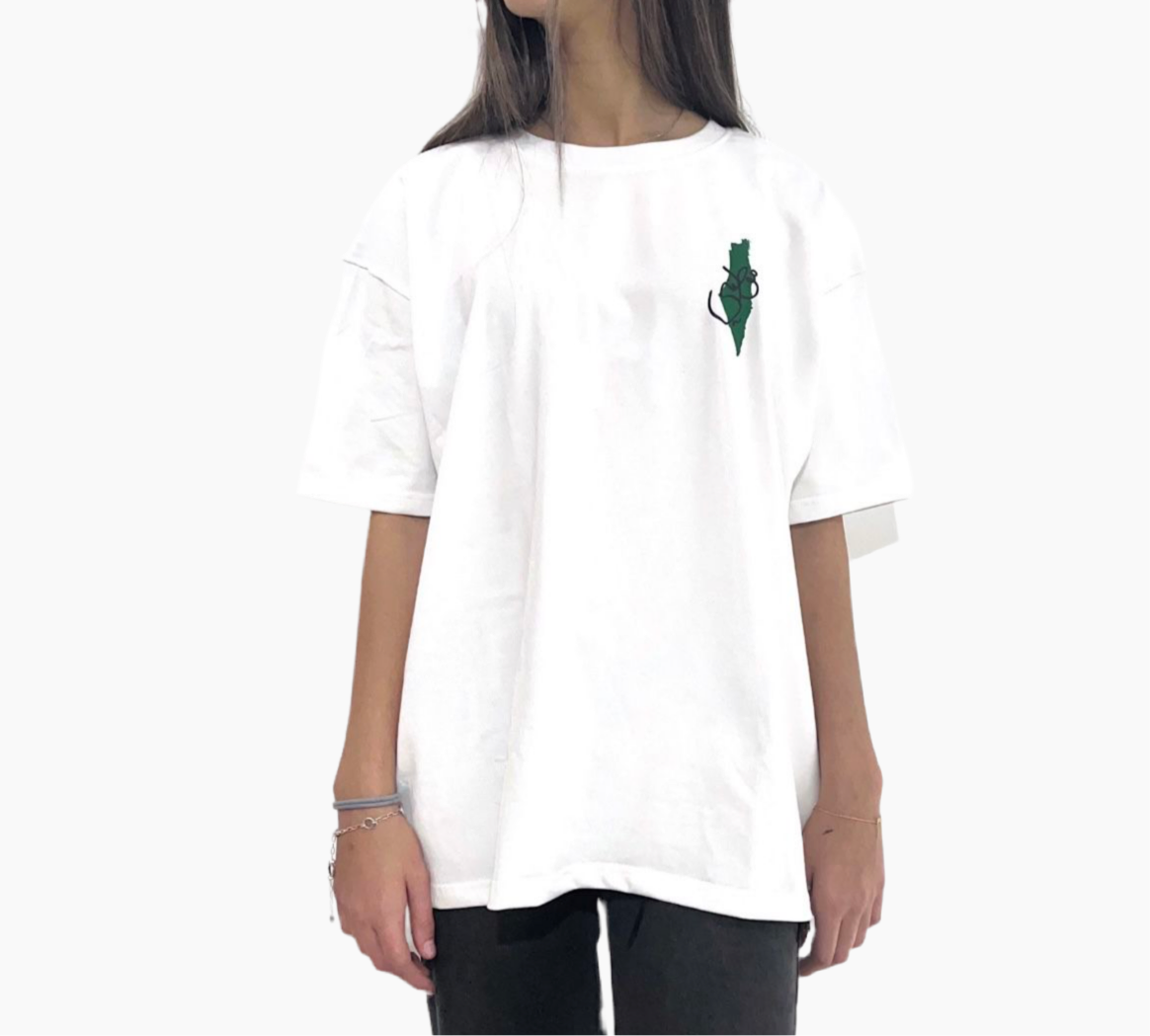 Oversized Fit Palestine Green Postage Stamp T-Shirt -White