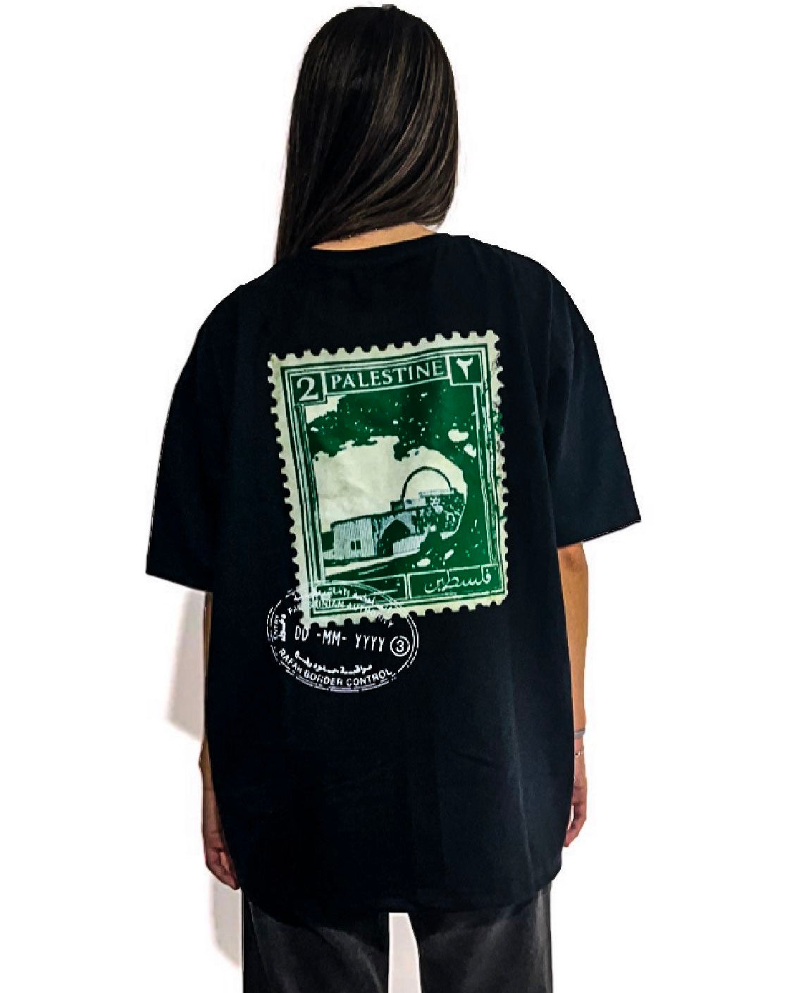 Oversized Fit Palestine Green Postage Stamp T-Shirt -Black